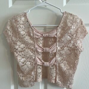 Y2K Crop Feminine Lace Bow-Back Blouse in Light Pink Sz M